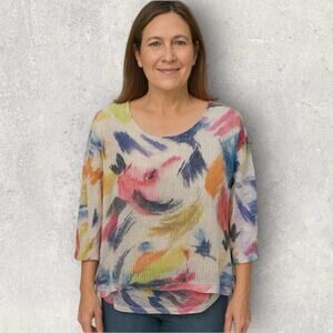 Jess & Jane Petite XL Tunic Top Boucle Mesh Abstract Print Lagenlook USA